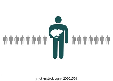 ideogram representing character prudent in savings and money reserves with piggy bank in hands