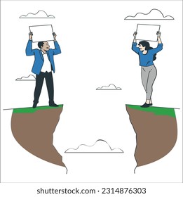 Ideological difference. Young people holding advertising white board. Mockup banner illustration for website.