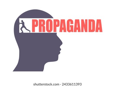 Ideology, agitation and propaganda concept illustration. Man pushing abstract wall and make tunnel inside head.