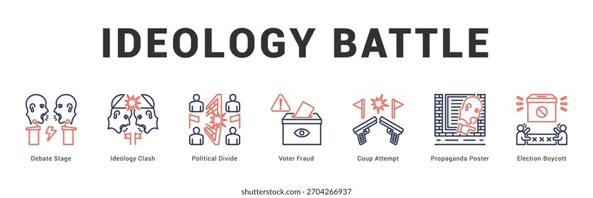 Ideologie Kampf Moderne und saubere Web-Banner-Illustration mit thematischen Symbolen für visuelle Kommunikation