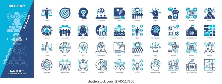 Ideology icon set. Authority, Manipulation, Governance, Social, Religion, Truth, Economic, Politics. Duotone color solid and editable outline icons