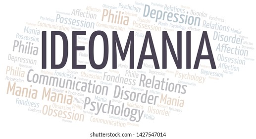 Ideomania word cloud. Type of mania, made with text only.