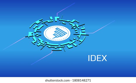 IDEX isometric token symbol of the DeFi project in digital circle on blue background. Cryptocurrency icon. Decentralized finance programs. Vector EPS10.