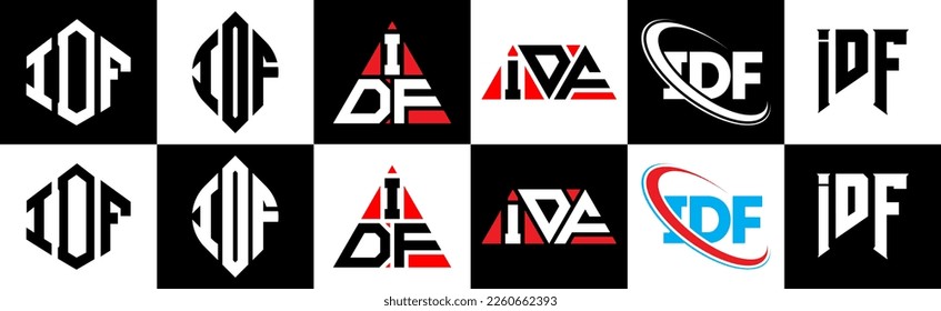 IDF Brief Logo Design in sechs Stilrichtungen. IDF Polygon, Kreis, Dreieck, Hexagon, flacher und einfacher Stil mit schwarz-weißem Farbänderungslogo in einer Zeichenfläche. IDF-minimalistisches und klassisches Logo
