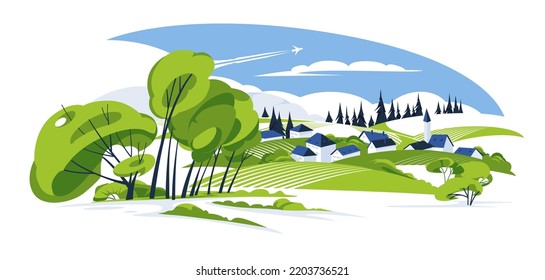 Idilic village on the Green Valley. Seasonal landscape. Flat vector illustration