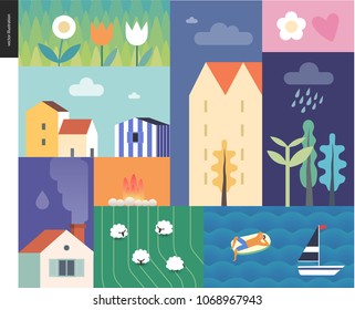 Idillic summer landscape - countryside, town, travel, vacation camp concept - collage of trees, flowers, field with sheep and lake or sea waves with sail boat and resting man on an inflatable mattress