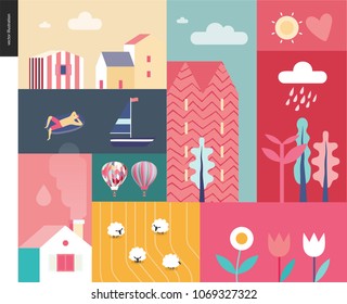 Idillic summer landscape - countryside, town, travel and vacation camp concept - collage of trees, flowers, field with sheep and lake or sea waves with sail boat and resting man on inflatable mattress