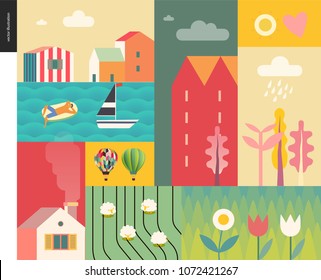 Idillic summer landscape - countryside, town, travel and vacation camp concept - collage of trees, flowers, field with sheep and lake or sea waves with sail boat and resting man on inflatable mattress