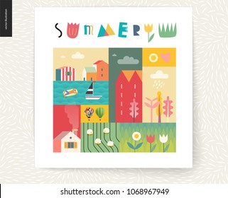 Idillic summer landscape postcard - countryside, town, travel, vacation camp concept - collage of trees, flowers, field with sheep, lake, sea waves, sail boat and resting man on an inflatable mattress