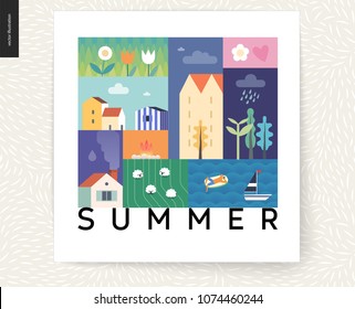 Idillic summer landscape postcard - countryside, town, travel, vacation camp concept - collage of trees, flowers, field with sheep, lake, sea waves with sail boat, resting man on inflatable mattress