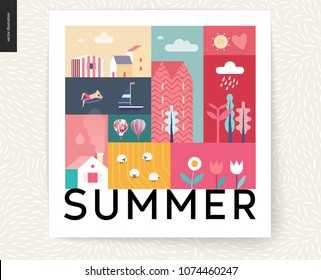 Idillic summer landscape postcard - countryside, town, travel, vacation camp concept - collage of trees, flowers, field with sheep, lake, sea waves, sail boat and resting man on an inflatable mattress