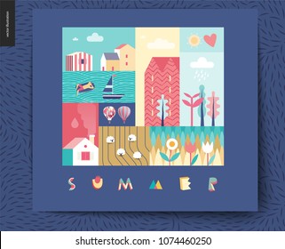 Idillic summer landscape postcard - countryside, town, travel, vacation camp concept - collage of trees, flowers, field with sheep, lake, sea waves, sail boat and resting man on an inflatable mattress