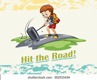 Idiom hit the road illustration