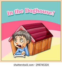 Idiom illustration saying in the doghouse