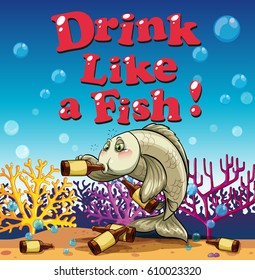 Idiom phrase on poster for drink like fish illustration