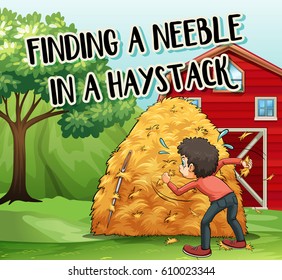 Idiom phrase on poster for finding needle in haystack illustration