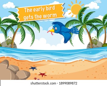 Idiom poster with The early bird gets the worm illustration