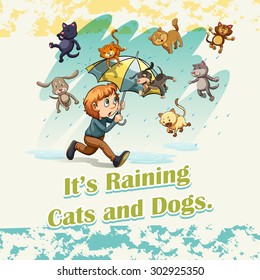 Idiom raining cats and dogs illustration