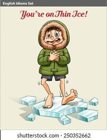 An idiom showing a boy above the ice block