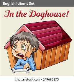 An idiom showing a boy in the doghouse