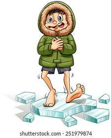 An idiom showing a boy getting a cold feet on a white background