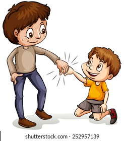 An idiom showing a man helping a young boy on a white background