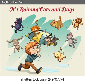 An idiom showing a rain with cats and dogs