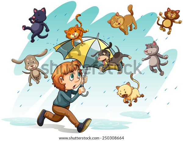 An idiom showing a rain with cats and dogs on\
a white background