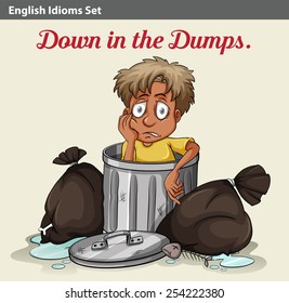 An idiom showing a trashbin with a boy