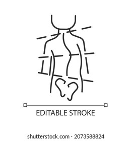 Idiopathic scoliosis linear icon. Spine abnormal curvature. Backbone deformation. Spinal problems. Thin line customizable illustration. Contour symbol. Vector isolated outline drawing. Editable stroke