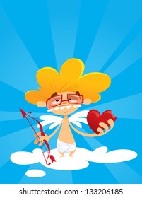 An idiot cupid, with glasses, standing on a cloud and holding a bitten heart