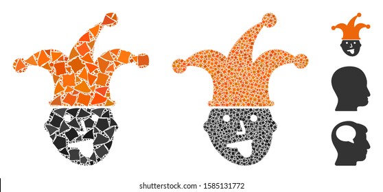 Idiot head icon composition of trembly elements in various sizes and color tinges, based on idiot head icon. Vector inequal dots are combined into composition.