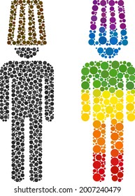 Idiot man mosaic icon of filled circles in different sizes and rainbow bright color hues. A dotted LGBT-colored idiot man for lesbians, gays, bisexuals, and transgenders.