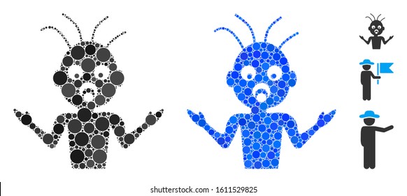 Idiot mosaic of filled circles in different sizes and color tints, based on idiot icon. Vector round dots are grouped into blue mosaic. Dotted idiot icon in usual and blue versions.