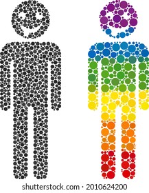 Idiot person composition icon of circle spots in various sizes and rainbow bright color tints. A dotted LGBT-colored idiot person for lesbians, gays, bisexuals, and transgenders.