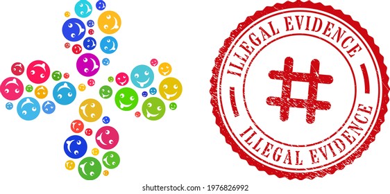 Idiot smiley multicolored twirl flower shape, and red round ILLEGAL EVIDENCE unclean stamp print. Idiot smiley symbol inside round rubber print.