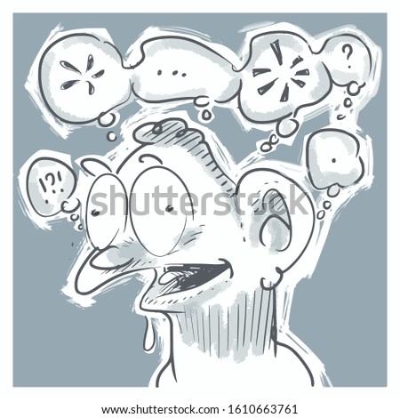 idiotic cartoon man is thinking. a fuınny cartoon representing junk, trash and meaningless ideas, vector illustration.