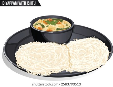 Idiyappam Served with Ishtu on Black Ceramic Thali. Keralan Coconut Milk Based Vegetable Stew Detailed Illustration