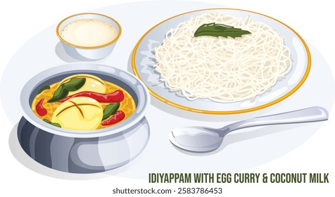 Idiyappam Served with Spicy Egg Curry and Coconut Milk. Traditional South Indian Breakfast Cuisine. Tamil, Kerala and Srilankan Authentic Food Illustration 