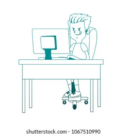 Idle boy using computer on blue lines