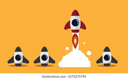 Idle and Launching Rocket Dare to Be Different Idea. Technology, start up idea and diversity concept vector art. Non-standard thinking.