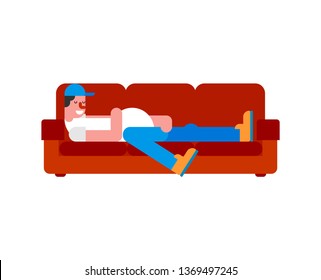 Idler on couch. Lazy person guy is lying on sofa