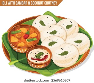 Idli with Coconut Chutney and Sambar Served in Separate Mud Pots on Banana Leaf in Mud Thali. Authentic South Indian Breakfast Illustration 