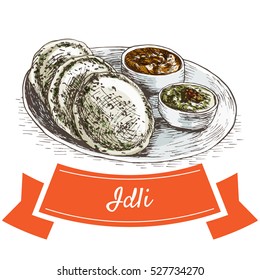 Idli colorful illustration. Vector illustration of Indian cuisine.