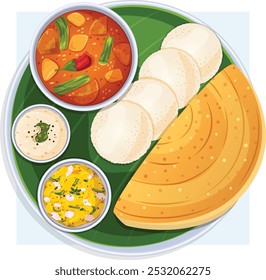 Idli and Dosa with Sambar, Potato Curry and Coconut Chutney in Thali with Banana Leaf. Top View Traditional Indian Food Art 