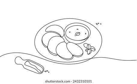 Panes planos en un plato con salsa. Especias para realzar el sabor. Día Mundial del Idli. Ilustración vectorial. Imágenes producidas sin el uso de ningún tipo de software de IA en ninguna etapa. 