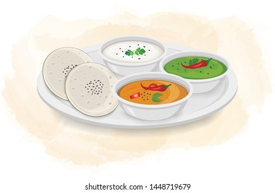 Idli Sambar with coconut and green chutney- vector illustration