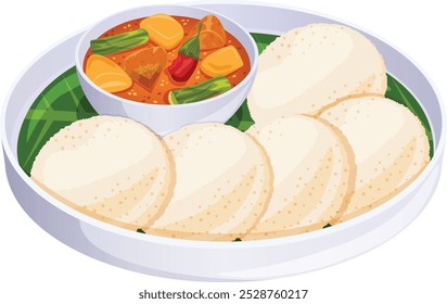 Idli with Sambar on Banana Leaf in Ceramic Thali Side View. Southern India Breakfast Cuisine 