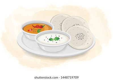 Idli Sambar - vector illustration with coconut chutney