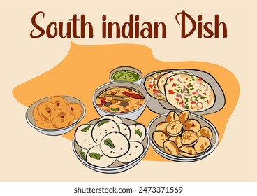 Idli, vada, appam o appa, Uttapam con chutney y sambar, Vector de plato de comida del sur de la India.